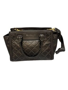 Michael Kors Black Leather Selma Micro Stud Quilted Medium Satchel Bag Purse